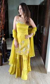 Mustard Silk Embroidered Sharara Set Women