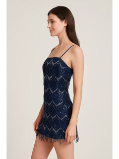 Black Sequin Geometric Tassel Mini Dress