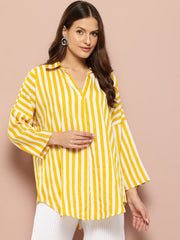 Striped Crepe Drop-Shoulder Collar Top/Shirt