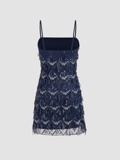 Black Sequin Geometric Tassel Mini Dress
