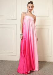 Pink Satin One-Shoulder Diamond Maxi
