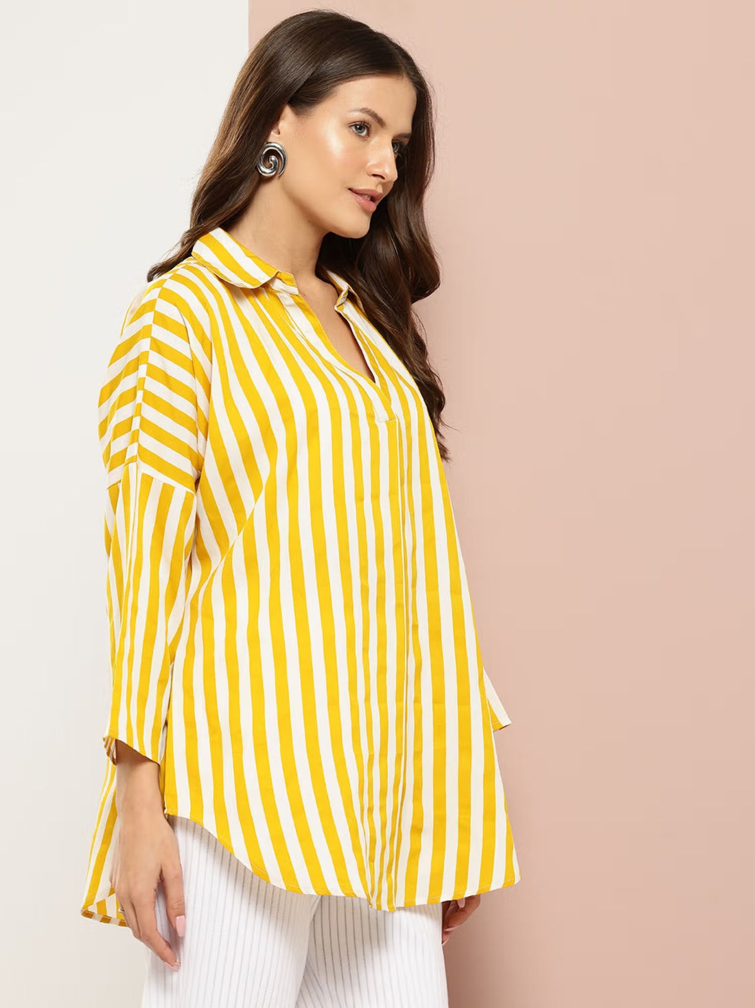 Striped Crepe Drop-Shoulder Collar Top/Shirt