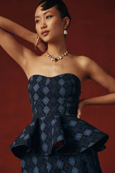 Deep Navy Cotton Linen Argyle Top