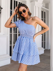 Blue Checked One-Shoulder Short Dress