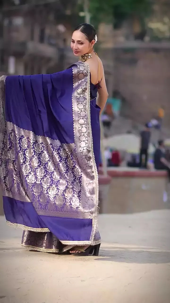 Vastra Veda Banarasi Semi-Silk Saree with Zari Border & Stitched Blouse