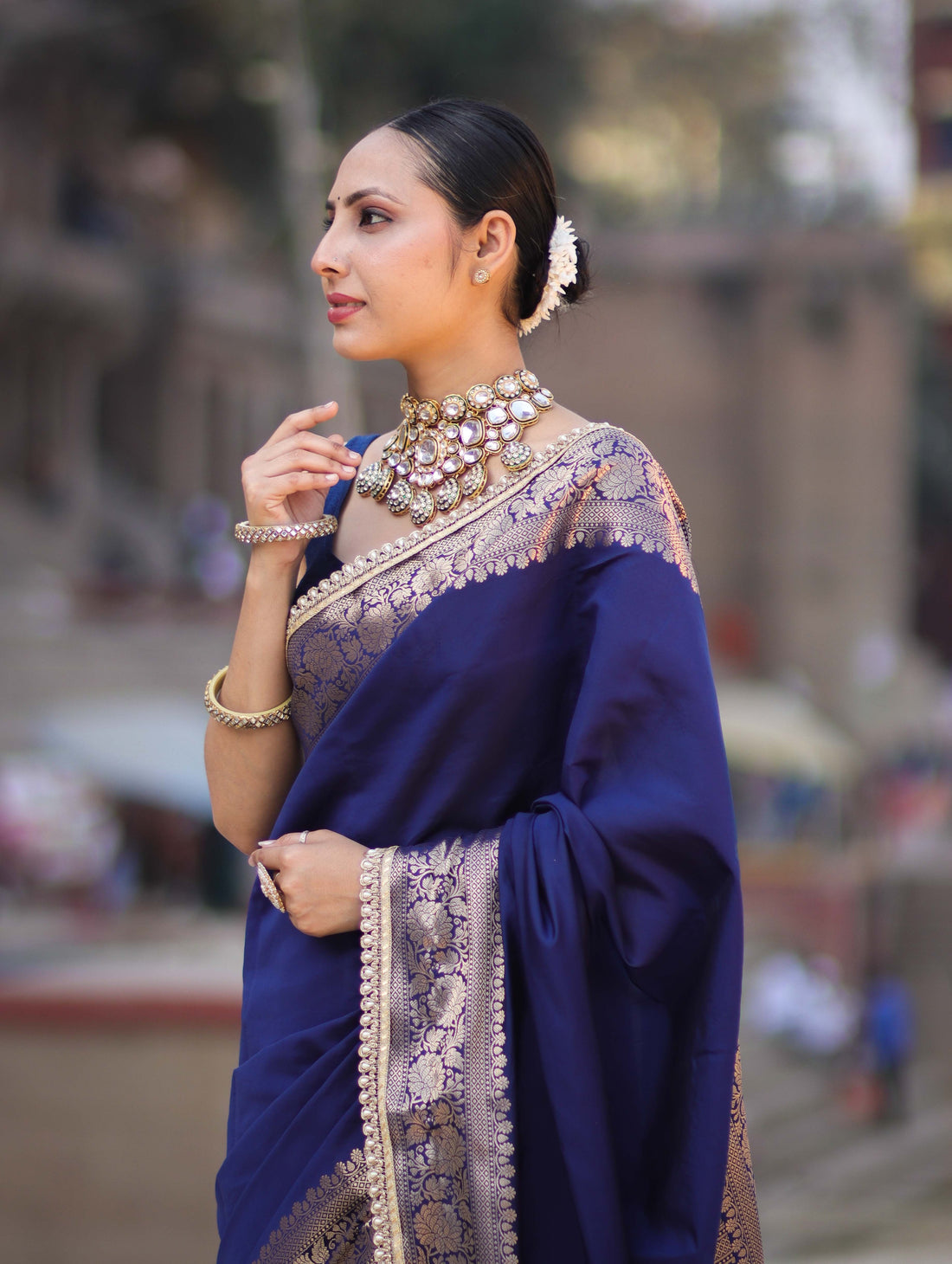 Vastra Veda Banarasi Semi-Silk Saree with Zari Border & Stitched Blouse