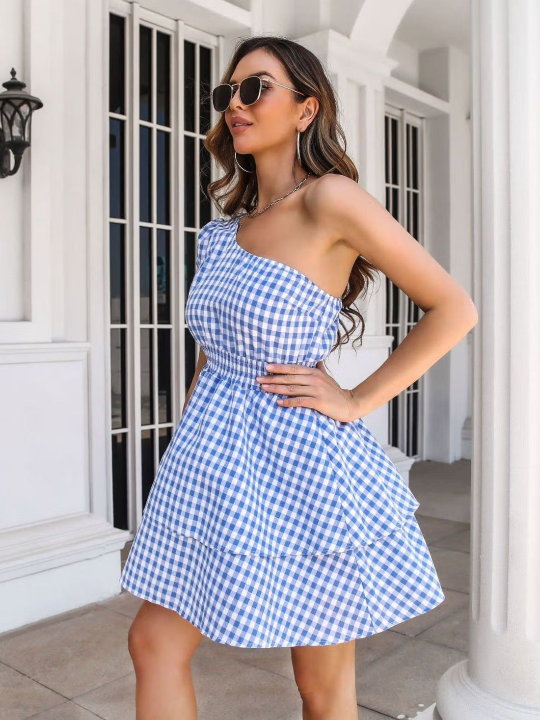 Blue Checked One-Shoulder Short Dress