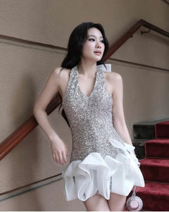 Cherry Sequin Halter Neck Waves Dress