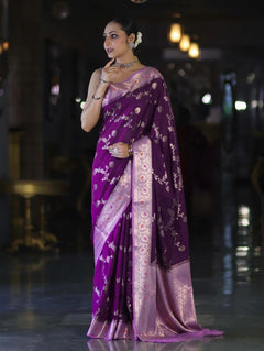 Royal Purple Banarasi Handloom Tissue Saree with Butti Design & Sthiched Blouse