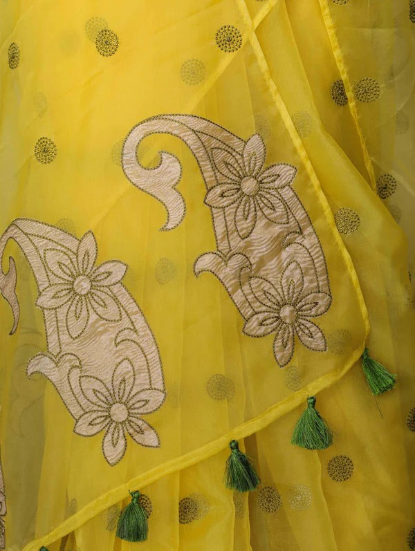 Vastra Veda Ivory Organza Banarasi Butti Saree with Red Embroidery with a Stitched Blouse