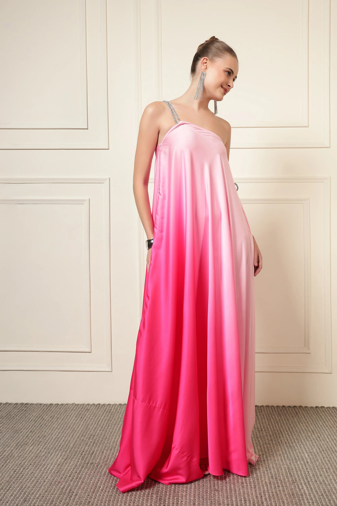 Pink Satin One-Shoulder Diamond Maxi