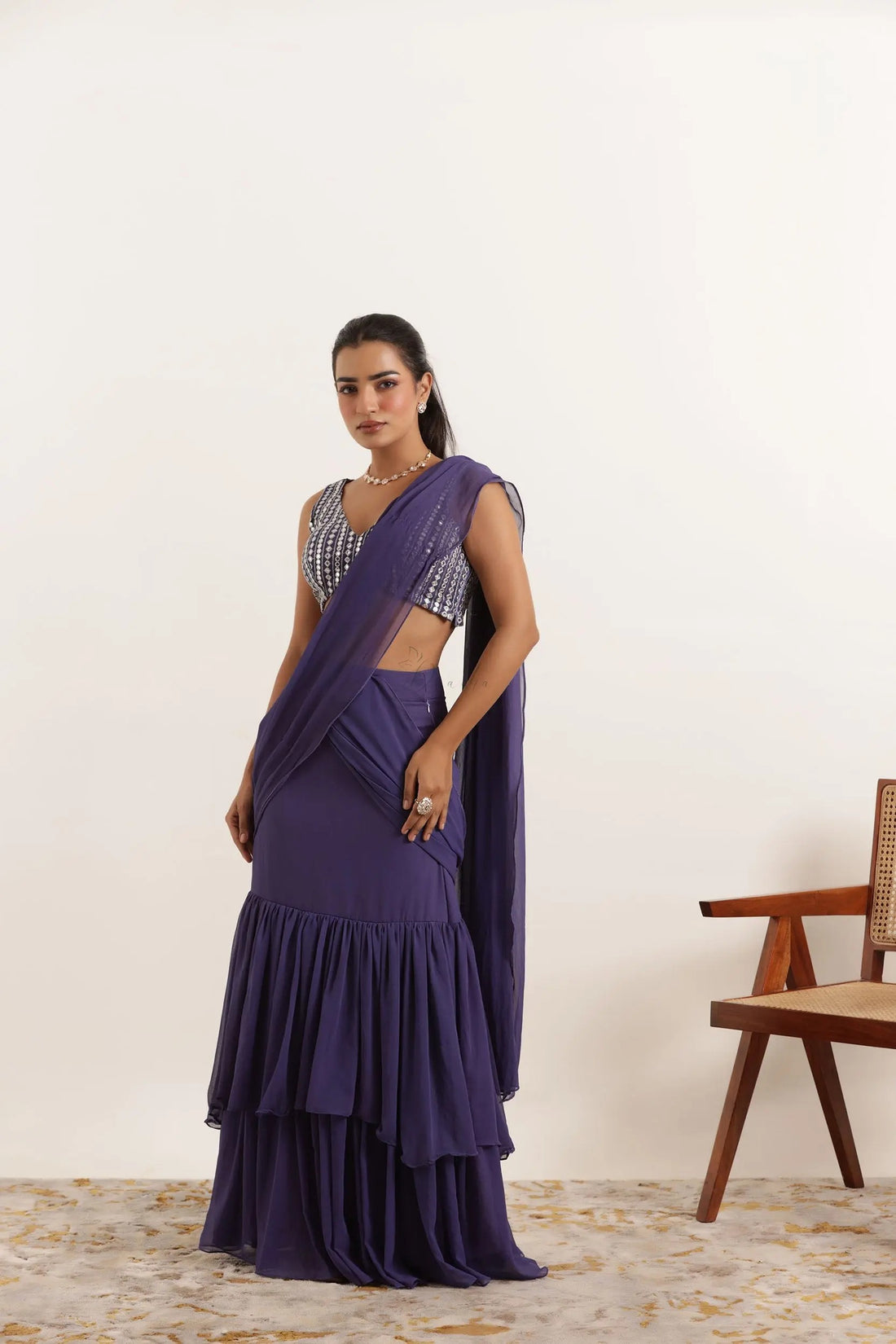 Grape Ruffle Lehenga Saree Set with Embellished Blouse