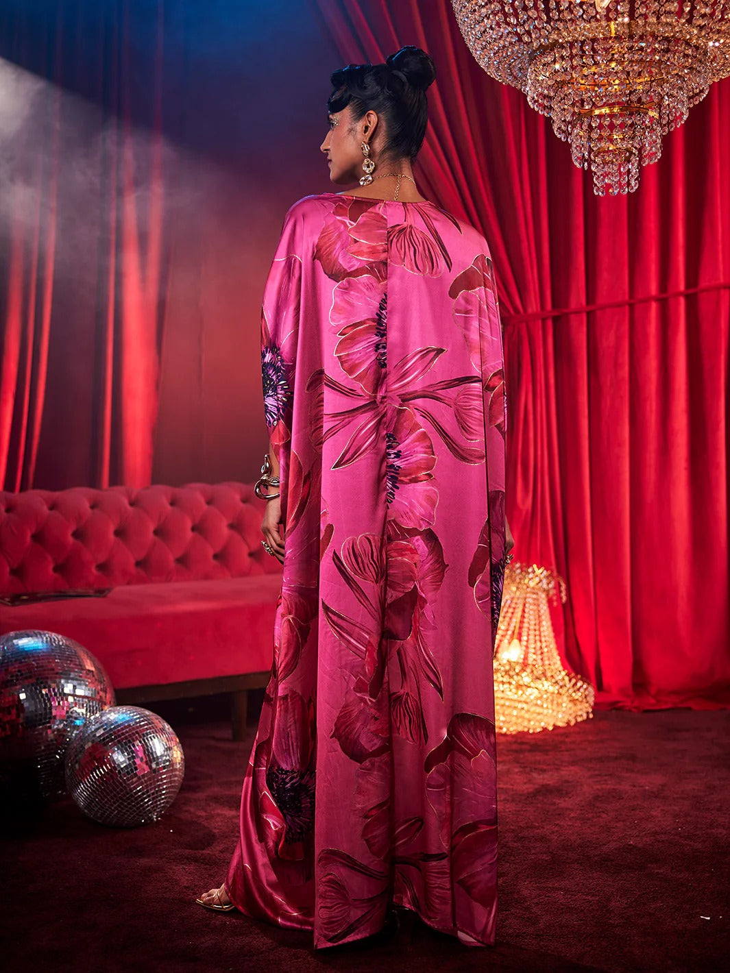 Satin Fuchsia Poppy Print Kaftan Dress