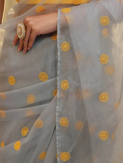 Vastra Veda Ivory Organza Banarasi Butti Saree with Red Embroidery with a Stitched Blouse