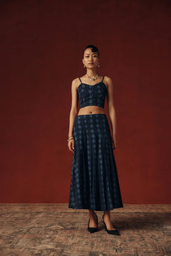 Deep Navy Cotton Linen Argyle Skirt