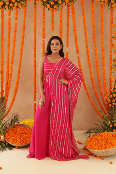 Pink Lurex Fusion Indo-Western with Designer Blouse