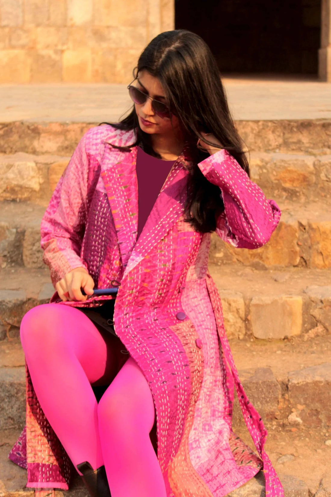 Patola Silk Kantha Patchwork Trench Coat