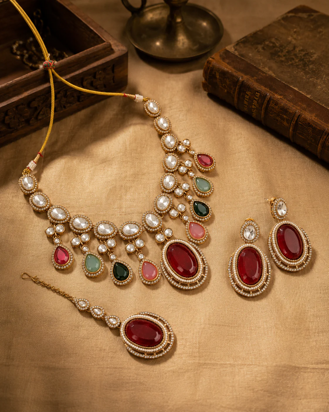 Regal Ruby Kundan Bridal Necklace Set with Earrings & Maang Tikka