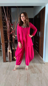 Beetroot Pink Cotton-Silk Jumpsuit Jacket Set
