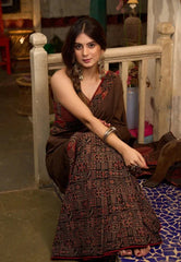 Brown Cotton Ajrakh Saree with Patchwork