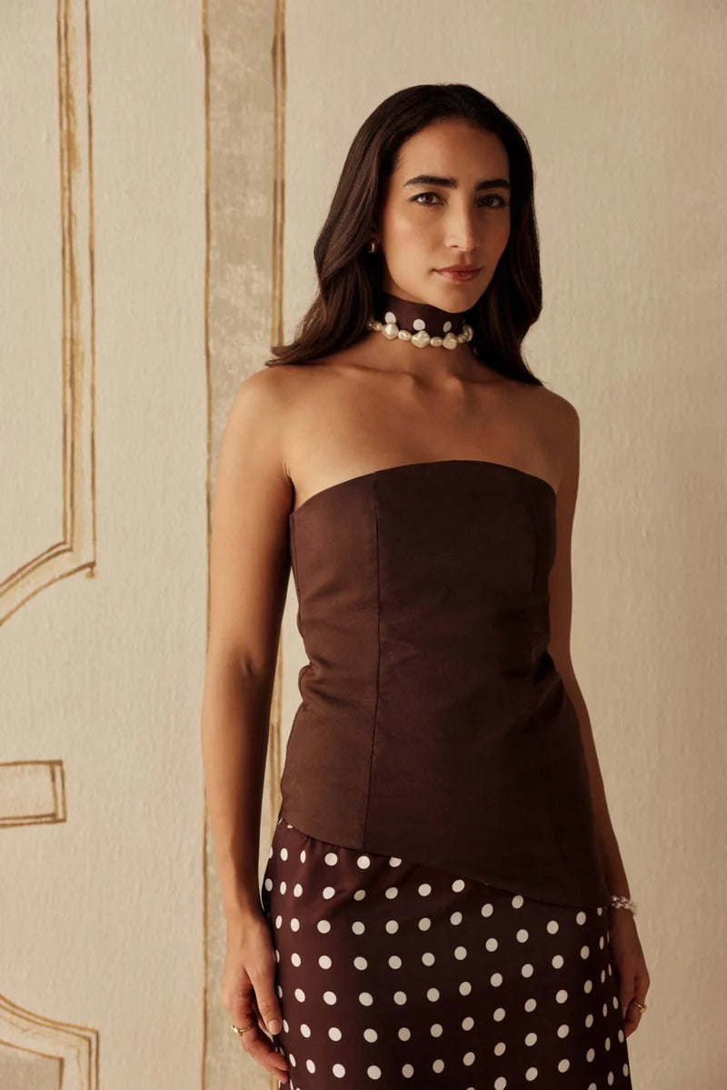 Chocolate Brown Hammer Satin Polka Dot Skirt