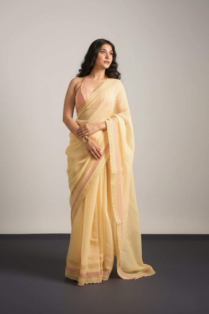 Chameli Pastel Yellow Pure Mul Chanderi Saree