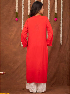 Red Floral Chikankari Straight Kurta