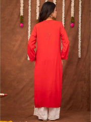 Red Floral Chikankari Straight Kurta