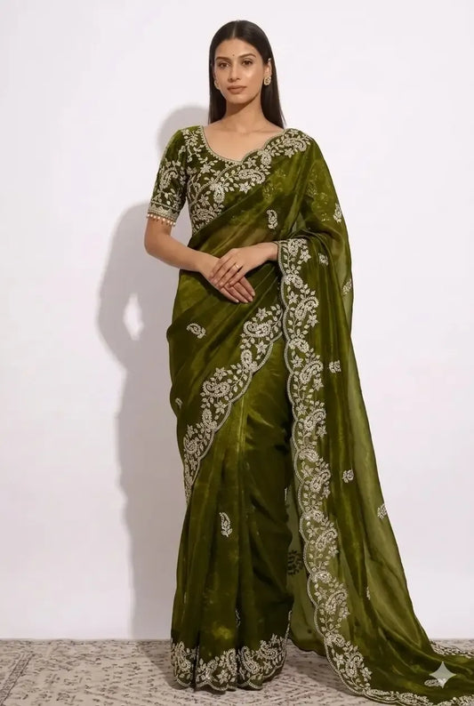 Olive Grace Embroidered Tissue Saree with Designer Blouse