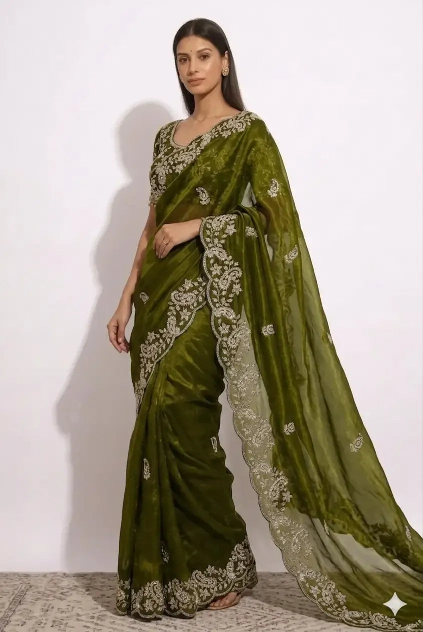 Olive Grace Embroidered Tissue Saree with Designer Blouse