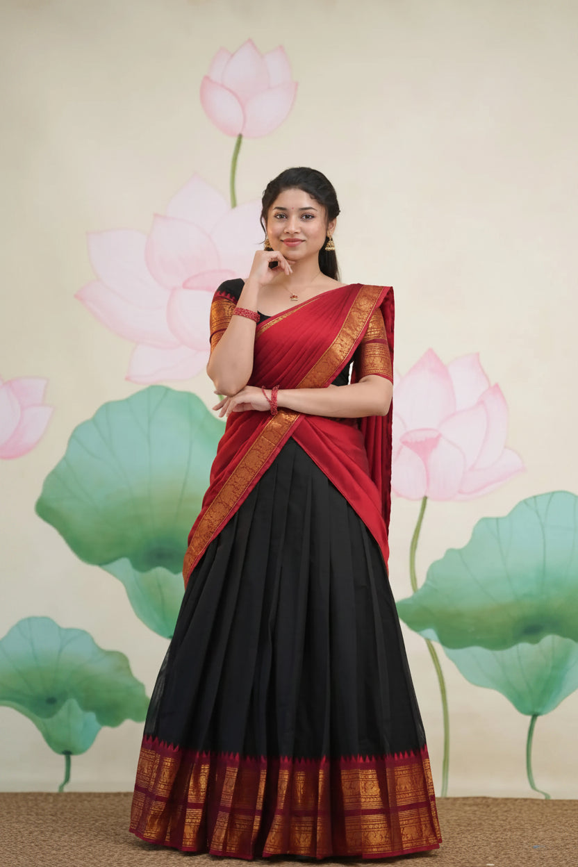 Padmaja Black and Maroon Cotton Half Saree - Skirt and Blouse stitched