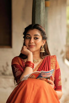 Padmaja Cotton Half Saree in Orange & Red - Skirt and Blouse stitched