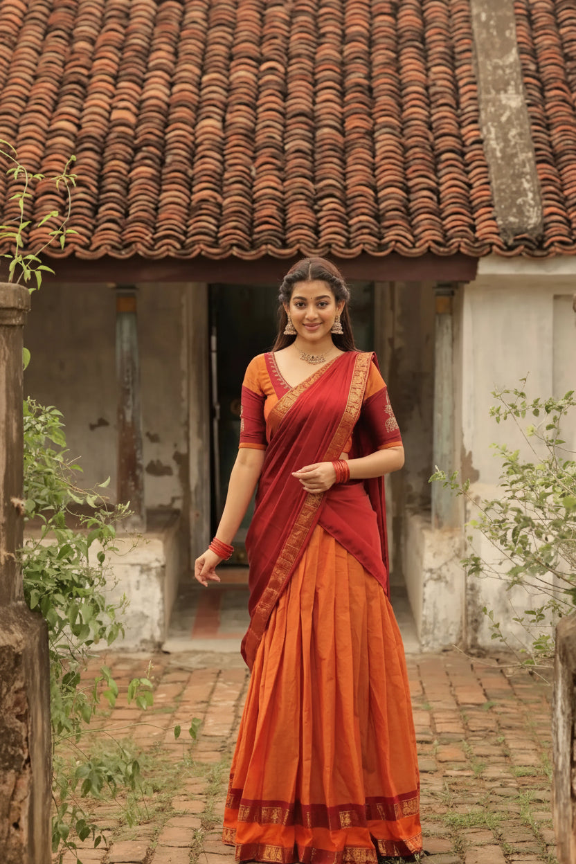 Padmaja Cotton Half Saree in Orange & Red - Skirt and Blouse stitched