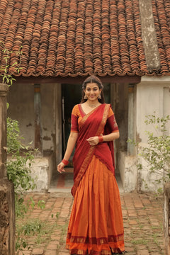 Padmaja Cotton Half Saree in Orange & Red - Skirt and Blouse stitched