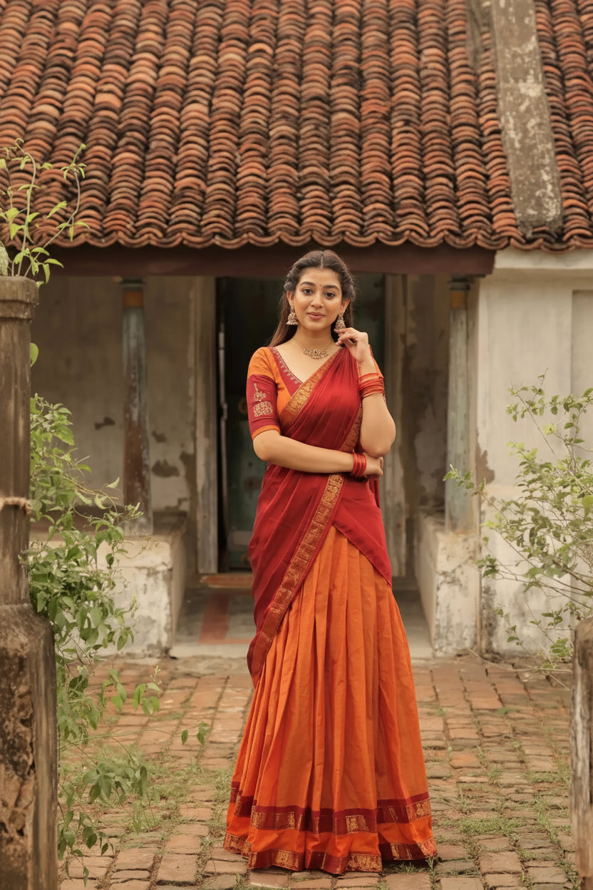 Padmaja Cotton Half Saree in Orange & Red - Skirt and Blouse stitched