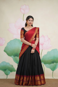 Padmaja Black and Maroon Cotton Half Saree - Skirt and Blouse stitched