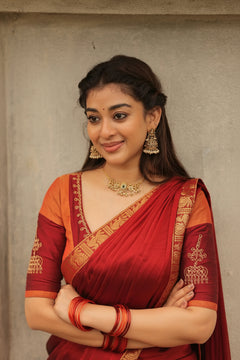 Padmaja Cotton Half Saree in Orange & Red - Skirt and Blouse stitched