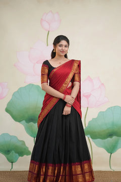 Padmaja Black and Maroon Cotton Half Saree - Skirt and Blouse stitched