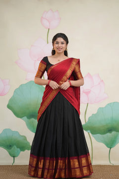 Padmaja Black and Maroon Cotton Half Saree - Skirt and Blouse stitched