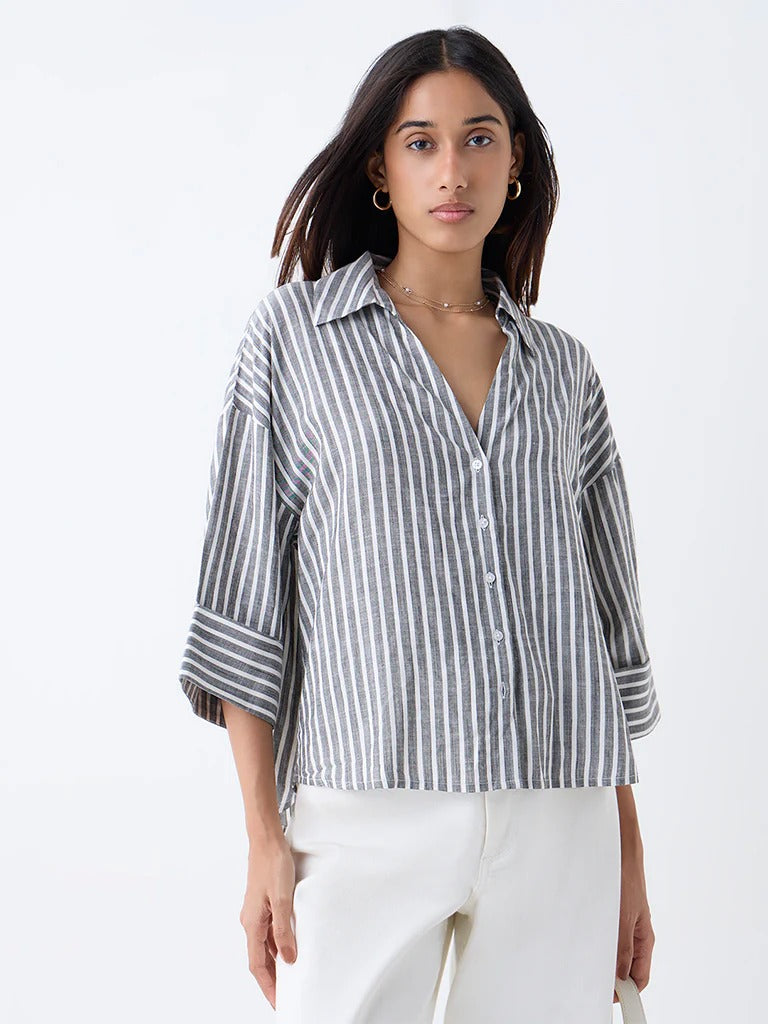 Grey Striped LOV Printed Blouse