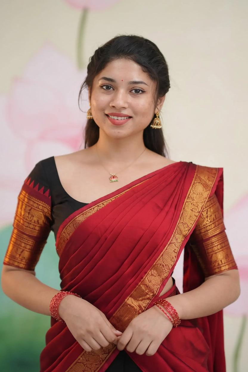 Padmaja Black and Maroon Cotton Half Saree - Skirt and Blouse stitched