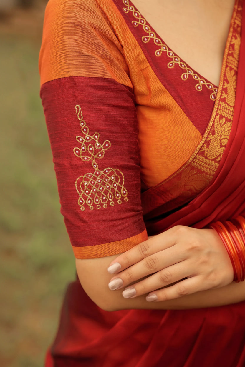 Padmaja Cotton Half Saree in Orange & Red - Skirt and Blouse stitched
