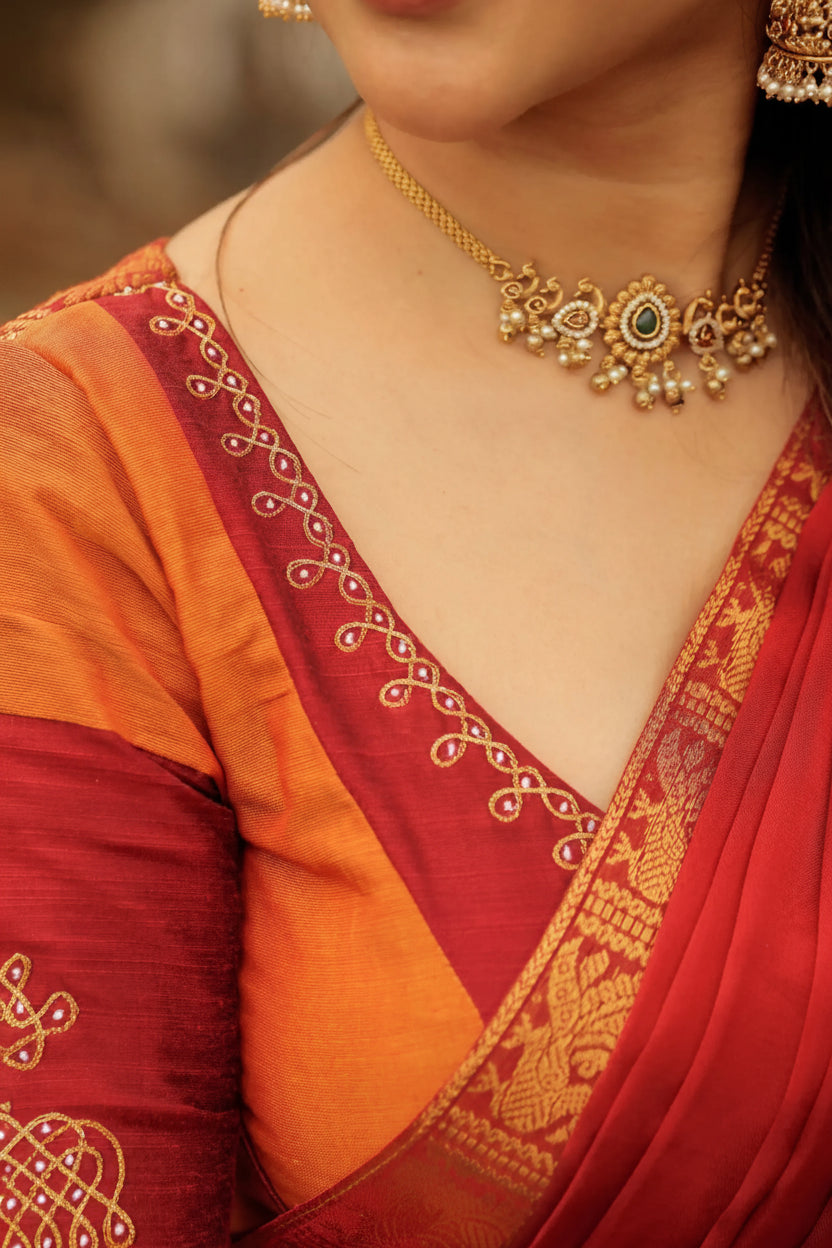 Padmaja Cotton Half Saree in Orange & Red - Skirt and Blouse stitched