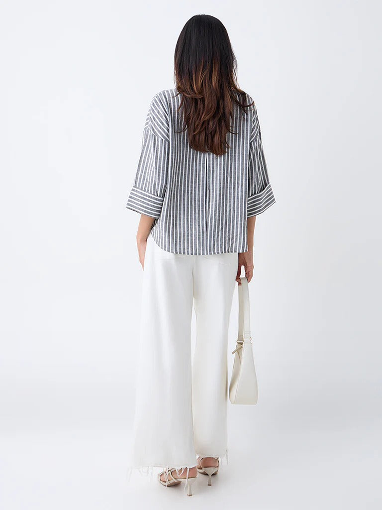 Grey Striped LOV Printed Blouse