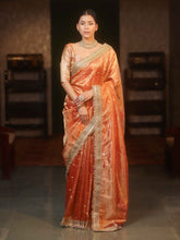 Handwoven Tissue Peach Saree with Zari Buti & Lace