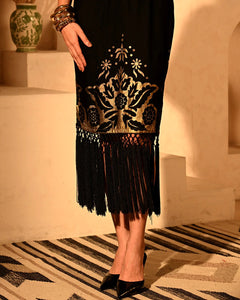 Noir Luxe Gold Foil Fringe Drape Dress