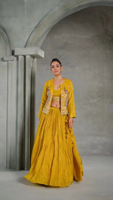 Yellow Chinon Sequins Work Lehenga Set