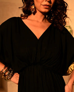 Noir Luxe Gold Foil Fringe Drape Dress