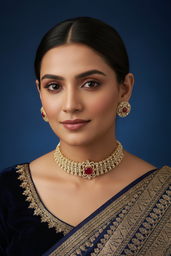 Royal Moissanite Ruby Choker Necklace Set with Statement Earrings