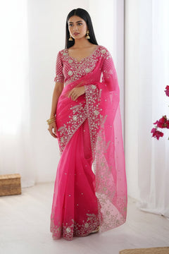 Hot Pink Embroidered Organza Ready to Wear pleated Saree with Stitched Designer Blouse
